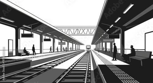 Modern train station platform with arriving subway and waiting commuters.