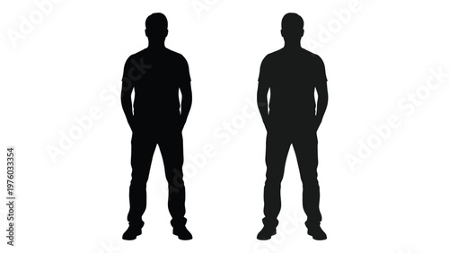 Two silhouetted figures of men standing with hands in pockets on white background