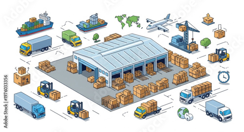 Isometric Warehouse Scene with Various Transportation and Logistics Elements.