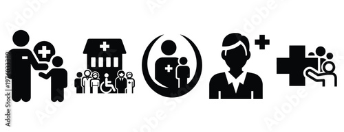 community medical help silhouette icon set