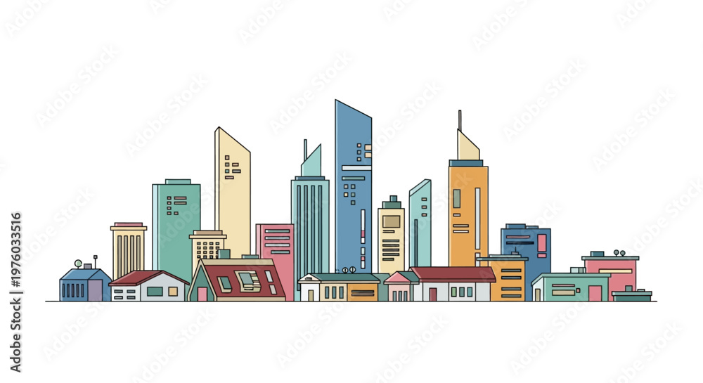 Fototapeta premium Colorful flat design city skyline with modern buildings and houses.
