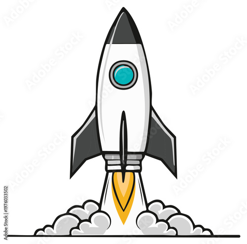 Cartoon Spaceship Launching with Flame and Smoke: Illustration of Cosmic Exploration