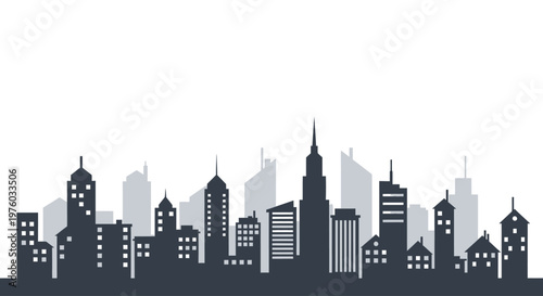 City skyline silhouette with modern buildings on a white background.
