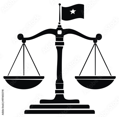 Silhouette illustration of a balanced justice scale with a flag representing law and order.