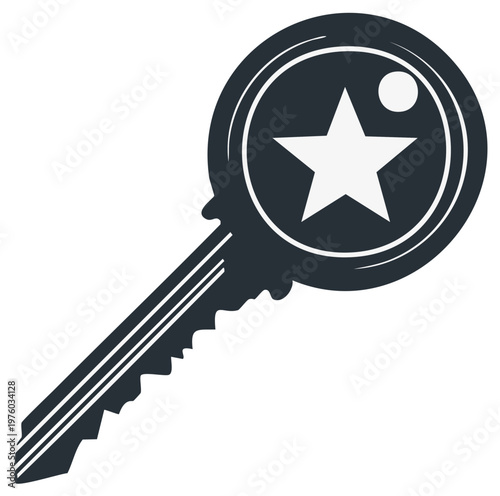 Monochromatic graphic illustration of a key featuring a star design on its circular head