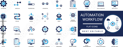 automation workflow solid icon set. process, robotic, rpa, efficiency, process, automation, optimization. editable vector illustration collection set.