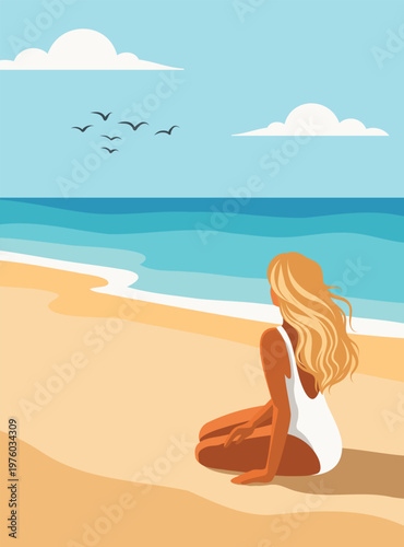 Woman on vacation. Summer holidays. Vector illustration, woman or girl relaxing, sitting sunbathing in a swimsuit on the beach. Seagulls, sky, sand, sea. For travel, tourism, recreation, summer design