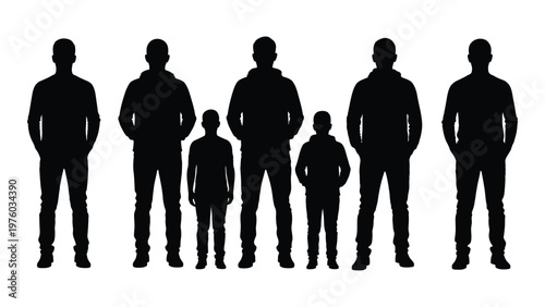 Silhouettes of a family showcasing varying heights and generations high quality