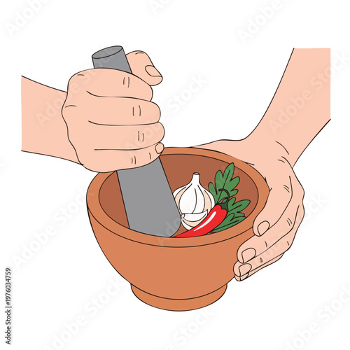 Hands crushing garlic in mortar.