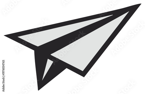 Classic paper airplane object mid flight with grey and black accents representing childhood dreams and travel