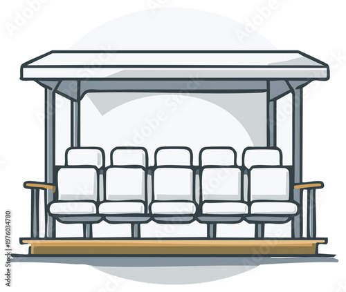 Public bus station line drawing with roof, armrests, seating for passengers waiting