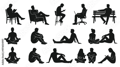People sitting in various positions silhouettes.