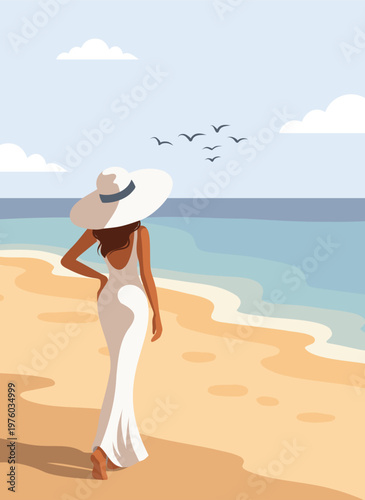 Woman on vacation. Summer holidays. Woman in a white dress, hat walk along a sandy beach, admiring the ocean. Seagulls, sea, sand. For travel, vacation, tourism, summer design, posters, banners