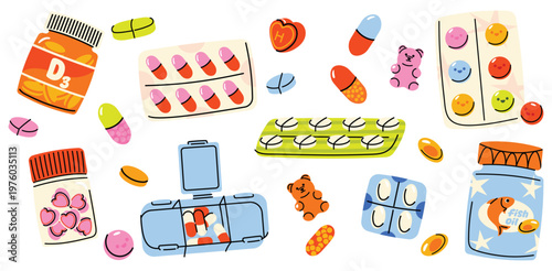 Vitamins set. Cute and colorful collection of pills, capsules, gummy vitamins and supplements with playful details. Perfect for health, wellness, pharmacy and kids design. Isolated on white background