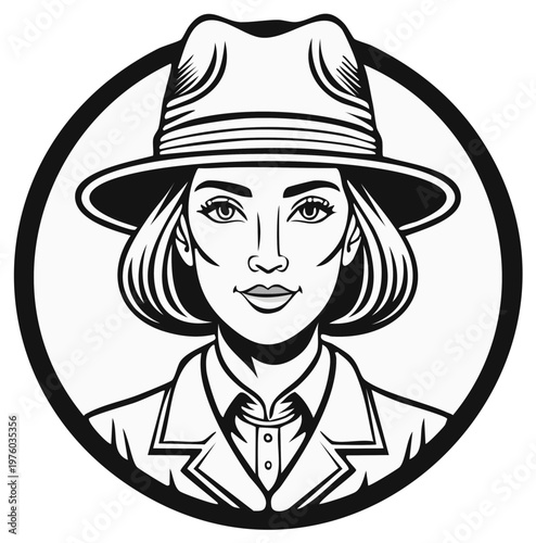 Retro Woman Wearing Fedora Hat and Trench Coat in Circle Emblem Black and White Illustration