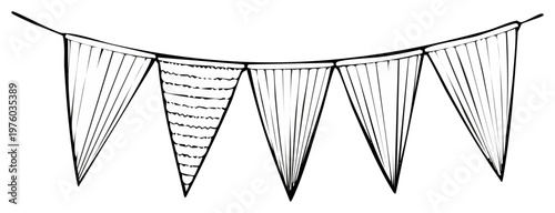 Hand-drawn sketch of a festive string of triangular pennant flags with simple line patterns