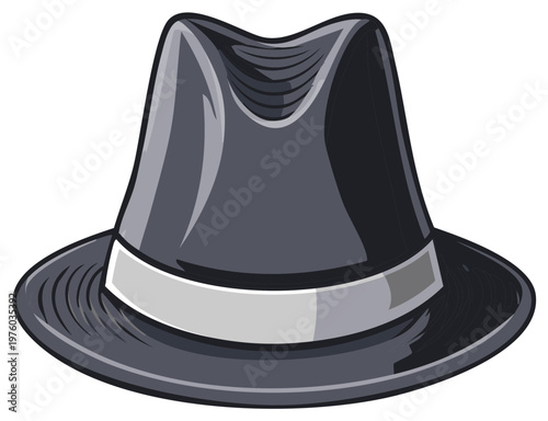 Stylized dark gray fedora hat with light band a timeless classic fashion accessory illustration.