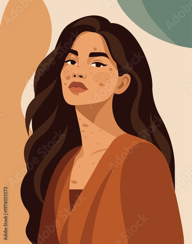 Woman with freckles, dark hair, natural beauty, authenticity. Vector illustration, portrait, avatar. Symbol of diversity, self-acceptance, self-love, skin texture. For beauty, self-care, social media