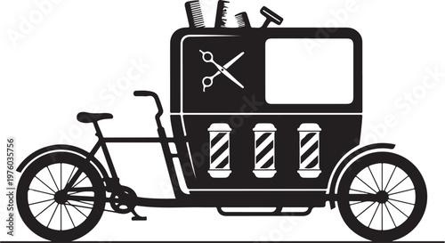 Barber tricycle, vintage bicycle, black and white illustration, barber shop sign
