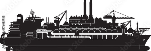 Cargo ship, industrial vessel, black silhouette, vector illustration, transportation icon