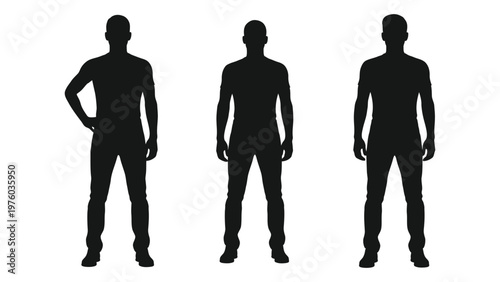 Three male silhouettes stand in a row presenting a stark black and white visual