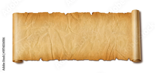 Old crumpled mediaeval Parchment paper scroll isolated on white