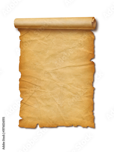 Old crumpled mediaeval Parchment paper scroll isolated on white