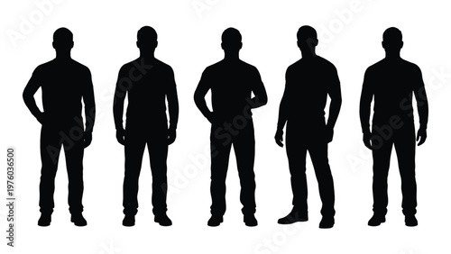Five male silhouettes stand in a row facing forward against a white background