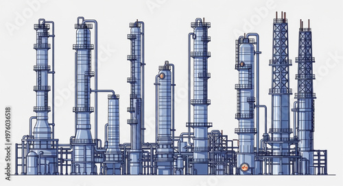 Detailed Illustration of an Industrial Oil Refinery Complex.