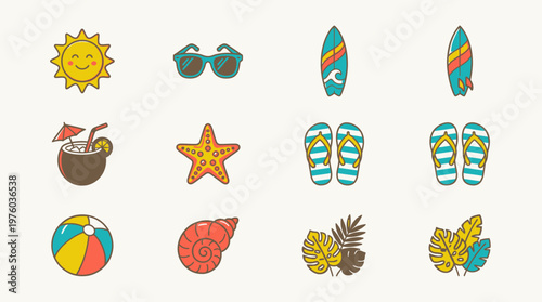 Colorful beach vacation icons and symbols.