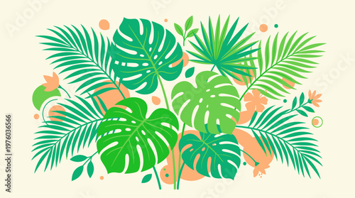 Tropical green palm leaves illustration.