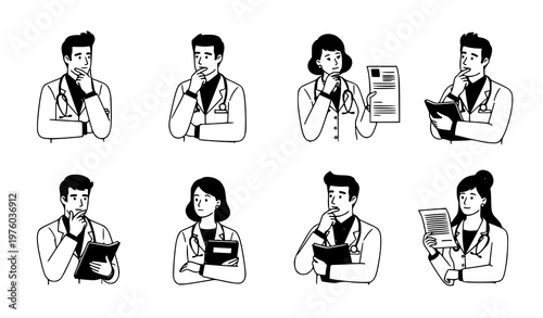 Black and White Medical Doctor Characters Set – Male and Female Flat Vector Illustration