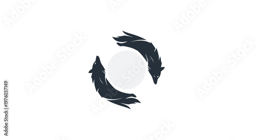 Two wolves circling a moon in a stylized, minimalist design