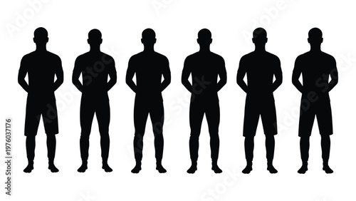 Six silhouetted men stand in a row facing forward with hands on hips