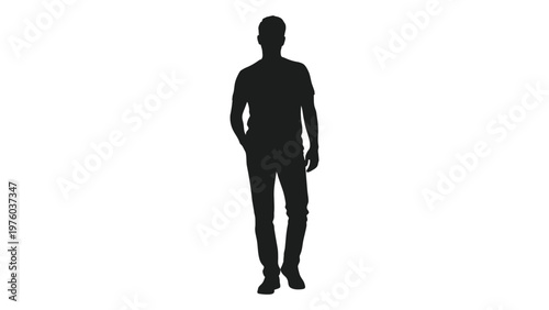 Silhouette of a man standing with hands in pockets against a white background