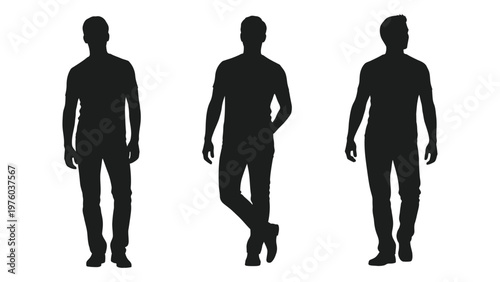 Three male silhouettes stand against a white background each in a distinct pose