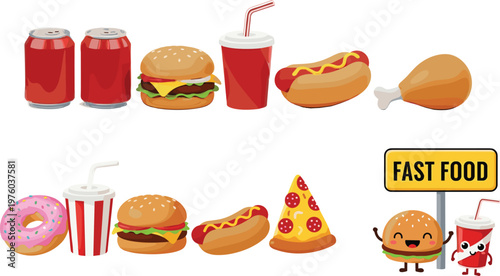 Fast Food Icon Collection with Burgers, Hot Dogs, Soda, Donut, Pizza, and Fried Chicken for Menu and Restaurant Design Projects