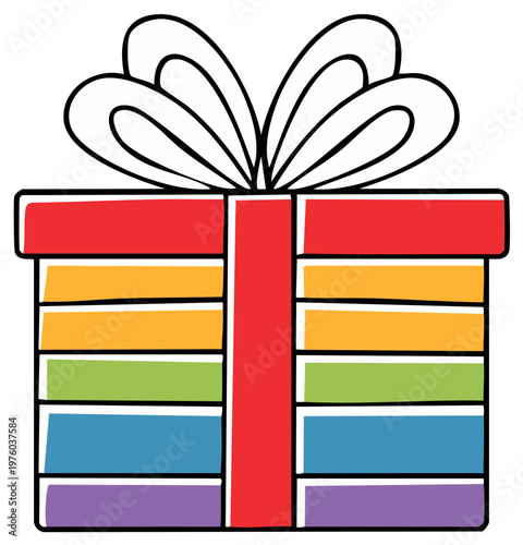 Colorful striped gift box with red ribbon and white bow