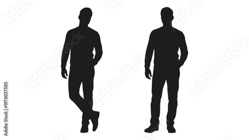 Two silhouetted figures of men standing in relaxed poses against a white background