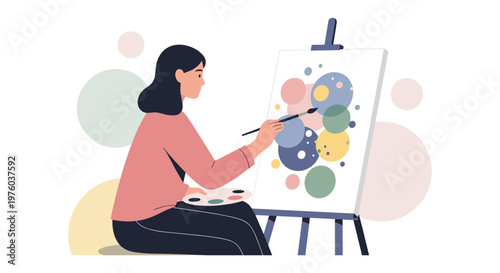 Woman painting on canvas in colorful vibrant lighting with pastel colors for art education