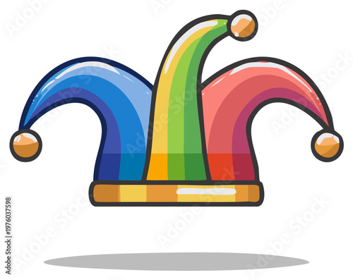 Colorful jester hat illustration with bells, cartoon fools cap for carnival or comedy