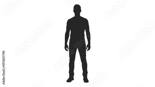 A stark silhouette of a man standing facing forward against a white background