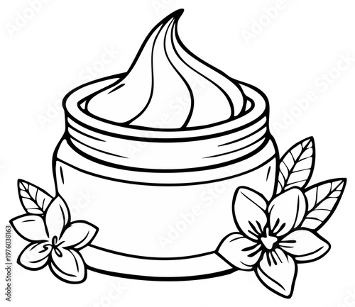 Hand drawn jar of cream with delicate floral accents and swirling product inside