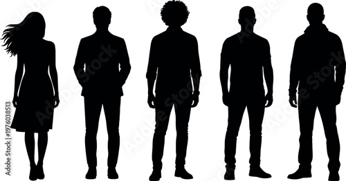 Vector Silhouette Illustration of a Diverse Group of People Standing Together in Casual and Formal Wear for Lifestyle and Business Concepts