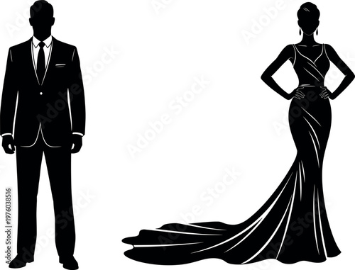 Elegant Silhouette of a Sophisticated Couple in Formal Attire featuring a Tailored Suit and Glamorous Evening Gown for Red Carpet events