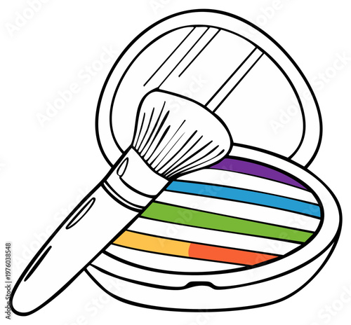 Rainbow Powder and Brush: Beauty and Makeup Icon, Cosmetics Palette with Mirror Illustration