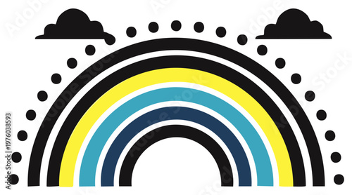 Stylized rainbow with clouds and dots, graphic illustration