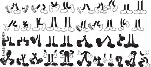 Collection of minimalist cartoon legs and feet in various walking poses