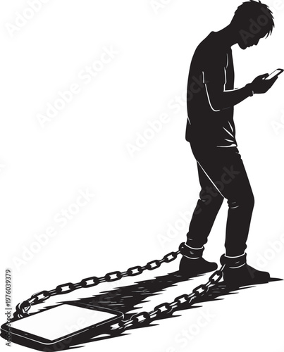 Smartphone Addiction Concept – Man Chained to Mobile Phone Silhouette Illustration