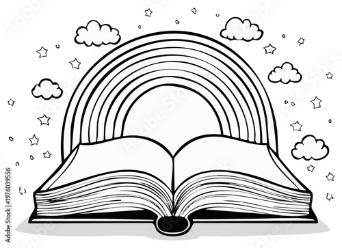 Open book with rainbow, clouds, and stars, symbolizing imagination and dreams